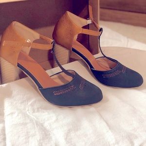 Adorable pair of heels in denim and tan.